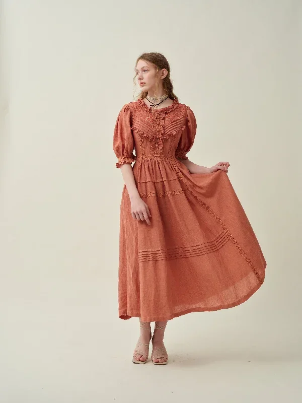 ruffled-linen-dress-in-coral-victorian-dress-vintage-dress-elegant-dress-summer-dress-evening-dress-linennaive