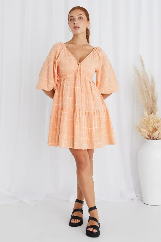 Run Free Melon Check Puff SS Shirred Bodice Tiered Mini Dress