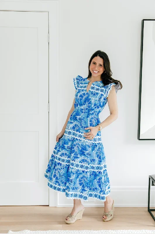 SAIL TO SABLE - BLUE CKB PRINT FLUTTER SLEEVE RIC-RAC MIDI DRESS