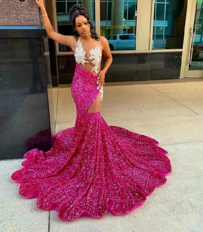 Sexy Diamonds Fuchsia Prom Dress For Black Girls Sheer Neck Sparkly Beading Crystal Rhinestones Sequins GownsBirthday Party