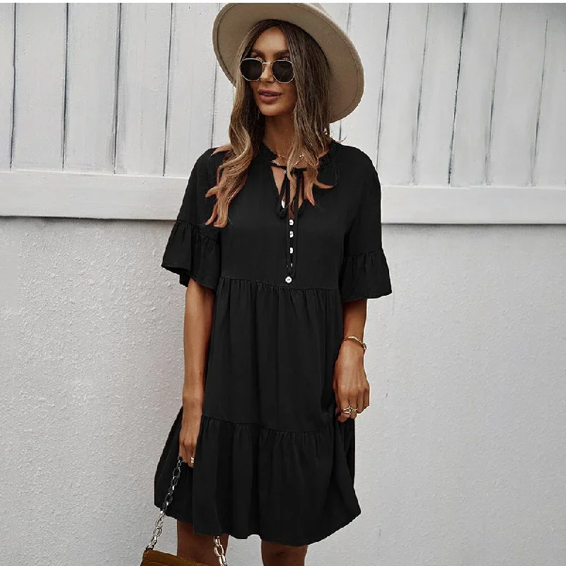 FashionSierra - Casual V-neck Short Sleeve Elegant Beach Party Dress