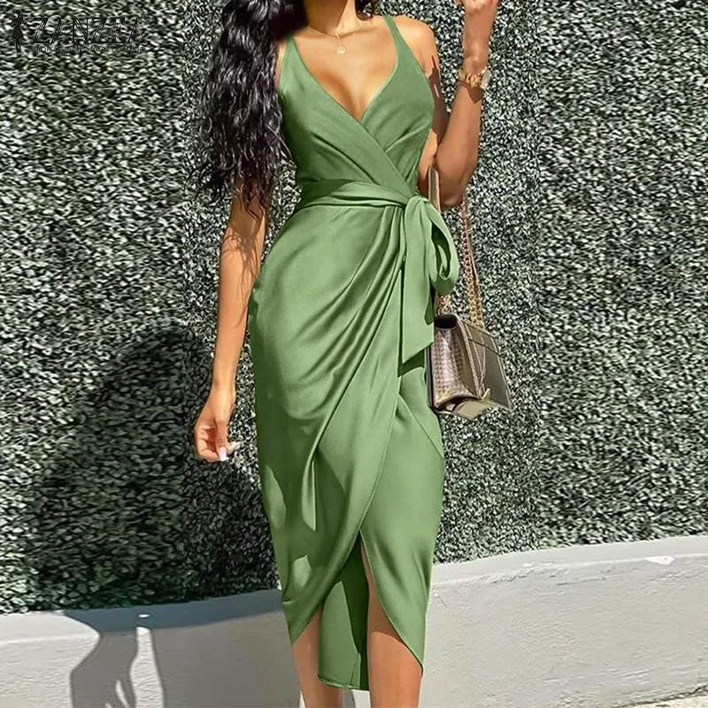 JuliaFashion - 2024 V-Neck Slip High Waist Satin Midi Dresses