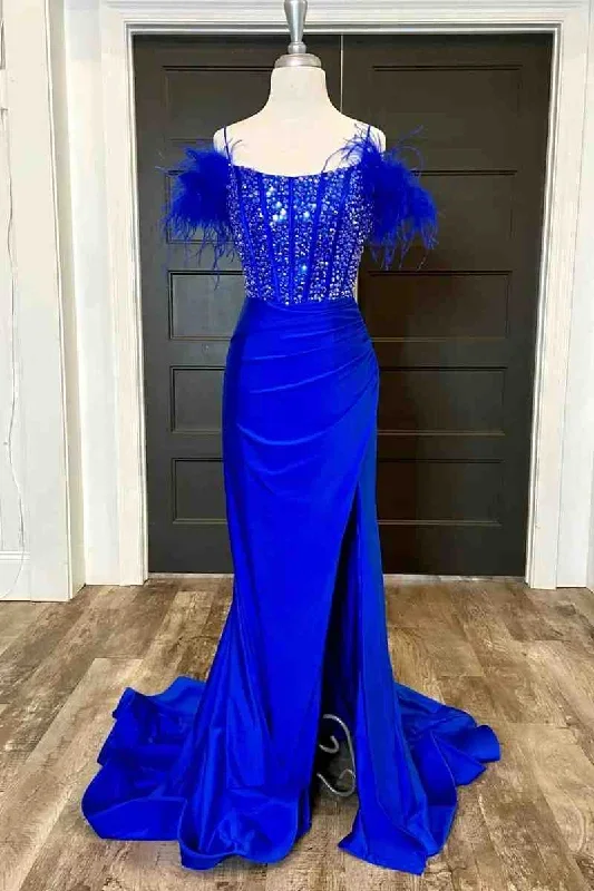 Side Slit Royal Blue Feathered Shoulder Beaded Long Prom Gown