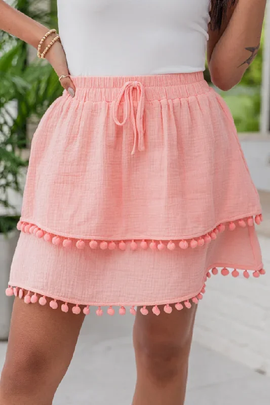 Simply Peachy Salmon Tassel Hem Gauze Skort