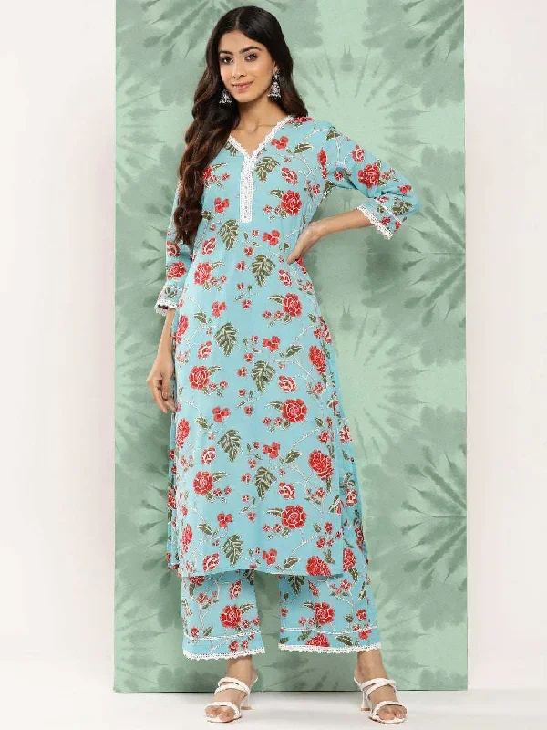 Sky Blue Cotton Floral Printed Co-ords Set