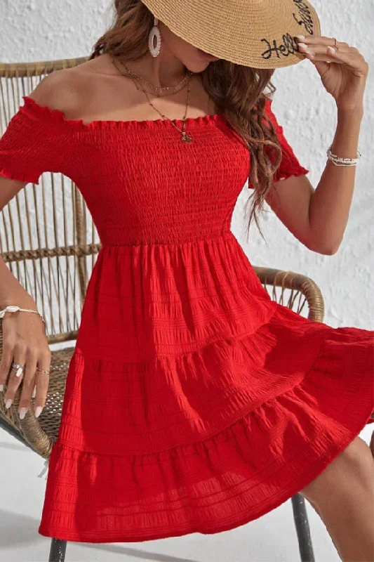 Solid Smocked Off The Shoulder Mini Dress