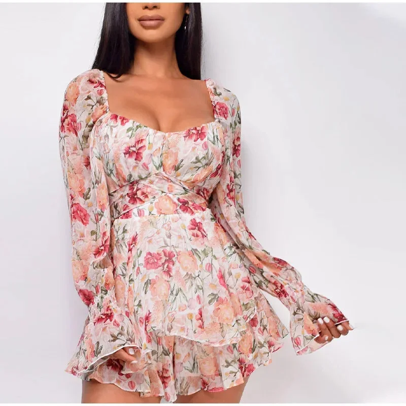 FashionSierra - 2024 Square Collar Lace Up Floral Mini Dress