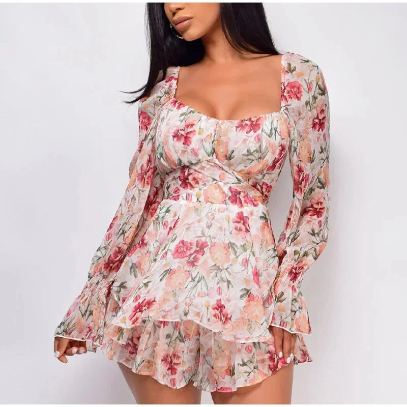 square-collar-lace-up-floral-mini-dress