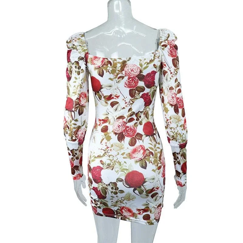 square-neck-long-sleeve-contrast-flowers-print-mini-dress