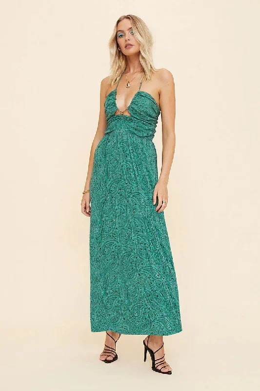 Suboo - Stella Gathered Tie Neck Detail Midi - Green Paisley