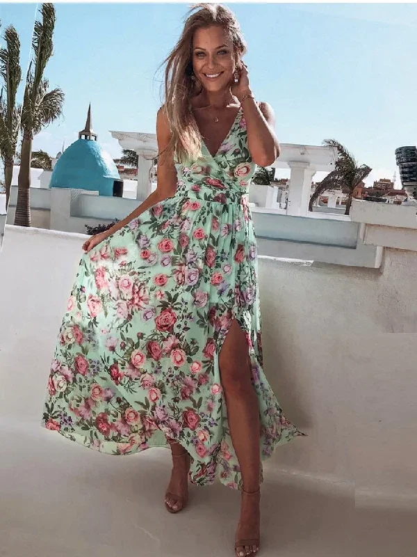 FashionSierra - Chiffon Fashion V-neck Sleeveless Print Maxi Dress