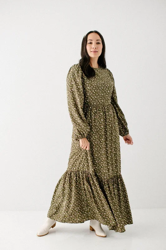 'Susannah' Floral Print Tiered Maxi Dress in Olive FINAL SALE