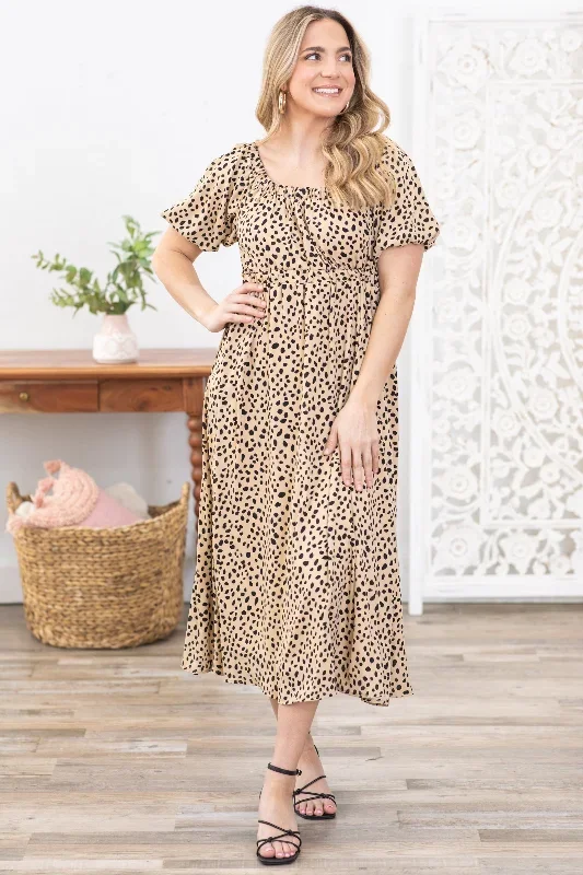 Tan Animal Print Short Sleeve Midi Dress