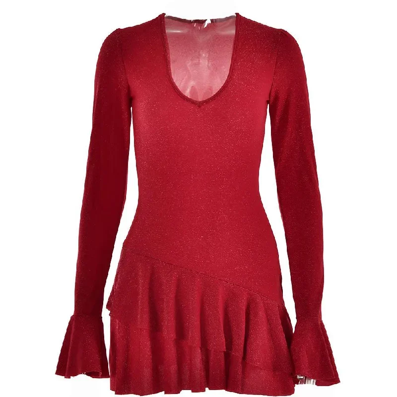 textured-v-neck-ruffle-irregular-long-flared-sleeve-mini-dress