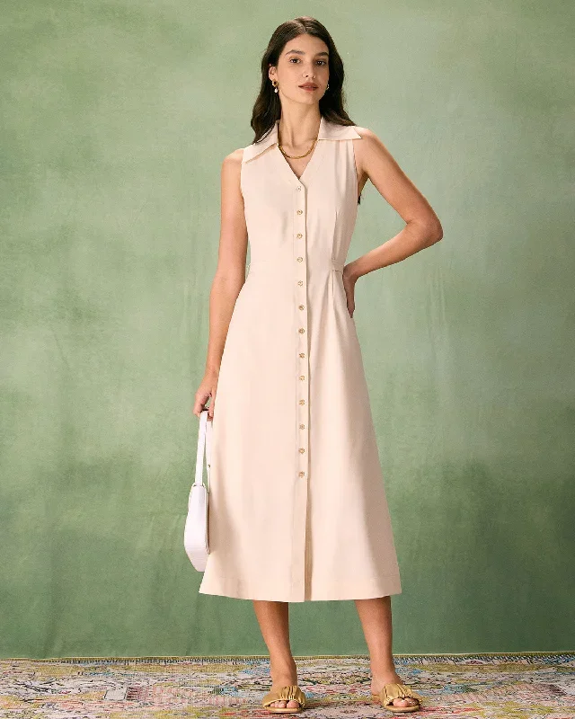 The Beige Collared Sleeveless Shirt Midi Dress