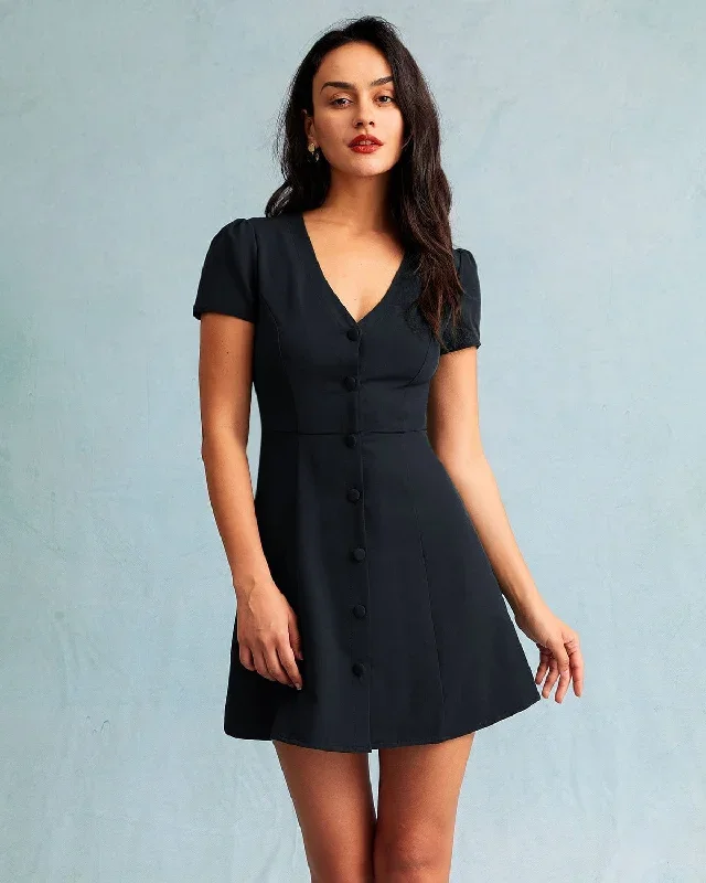 The Black V Neck Button-up Shirt Mini Dress