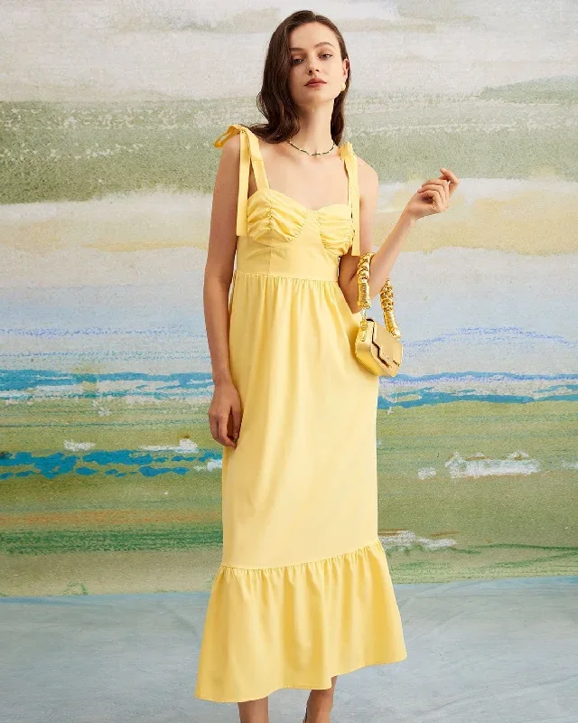 The Yellow Tie Shoulder Ruched Maxi Dress