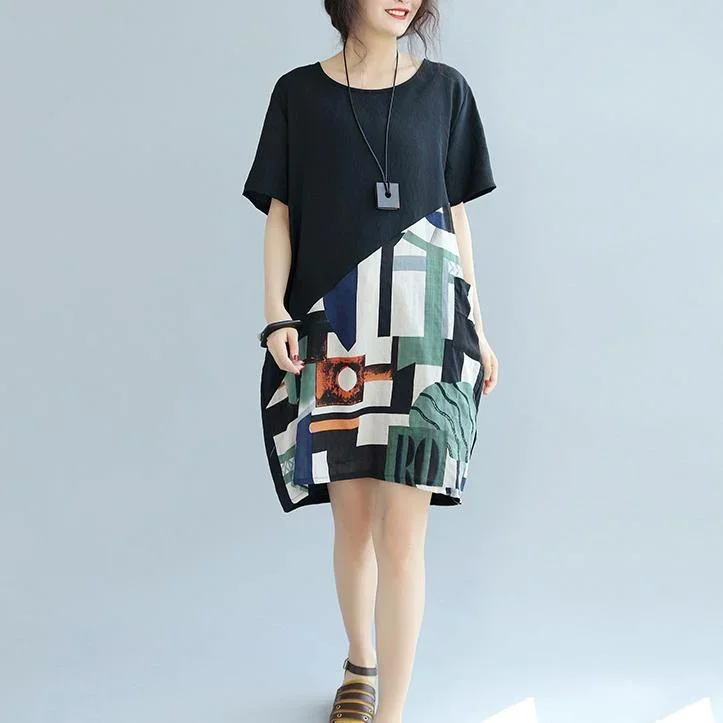 top quality black patchwork  linen shift dress Loose fitting cotton clothing dress Elegant short sleeve wild prints knee dresses