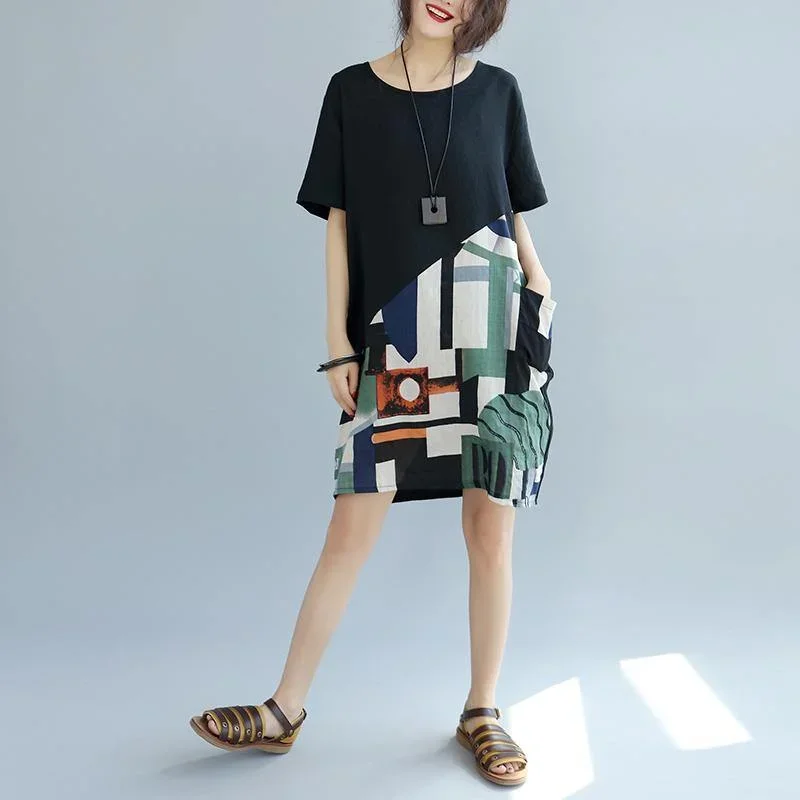 top-quality-black-patchwork-linen-shift-dress-loose-fitting-cotton-clothing-dress-elegant-short-sleeve-wild-prints-knee-dresses