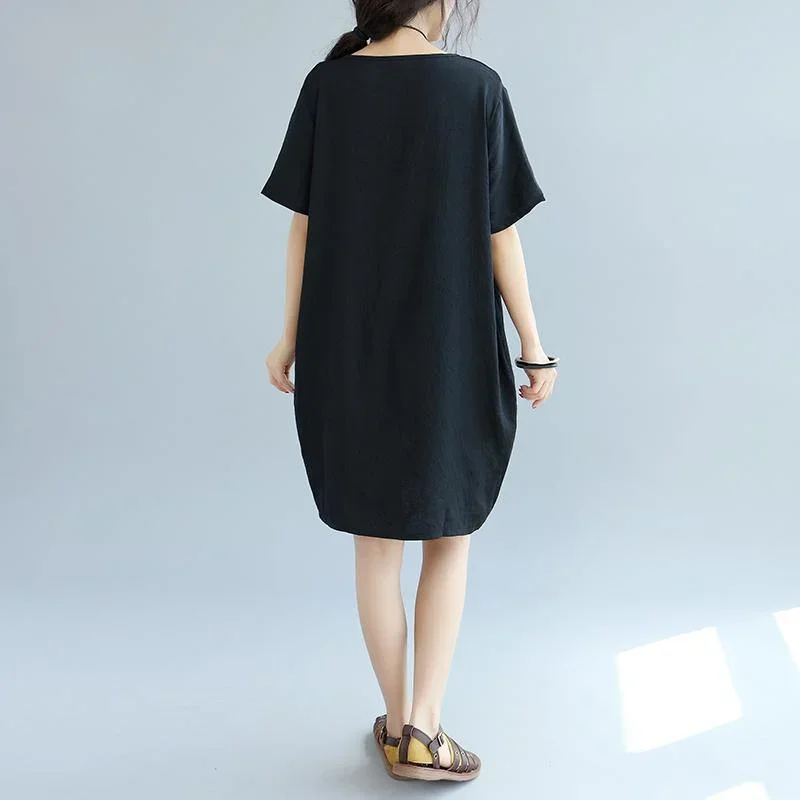 top-quality-black-patchwork-linen-shift-dress-loose-fitting-cotton-clothing-dress-elegant-short-sleeve-wild-prints-knee-dresses