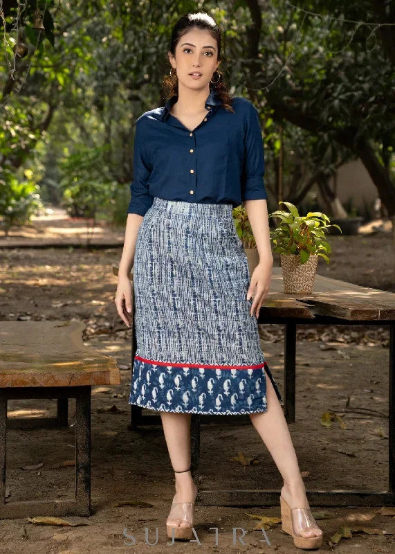 Trendy cotton indigo combination fitted skirt with optional navy blue rayon shirt