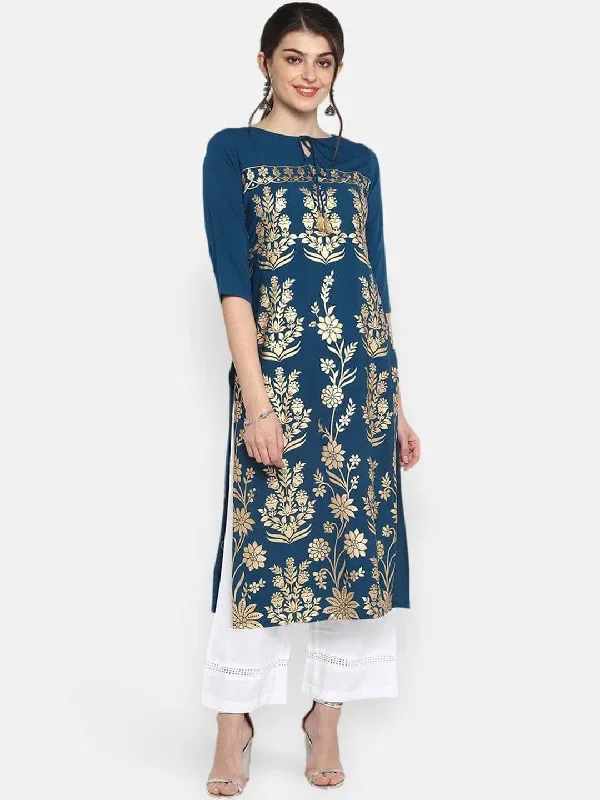 Teal Blue Poly Crepe Gold Print Straight Kurta