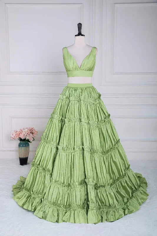 Two-Piece V-Neck Green Taffeta Ruffle Ball Gown