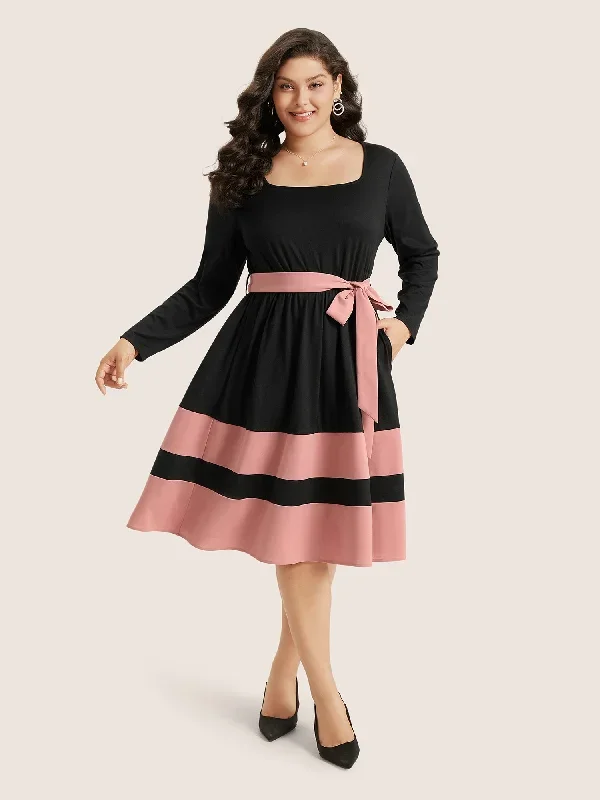 Two Tone Belted Bowknot Square Neck Dress