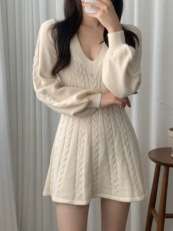 V Neck Cable Knit Long Sleeve Mini Dress