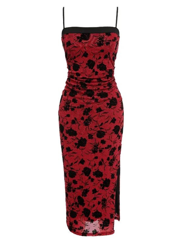 Wine Red 1960s Floral Spaghetti Strap Dress