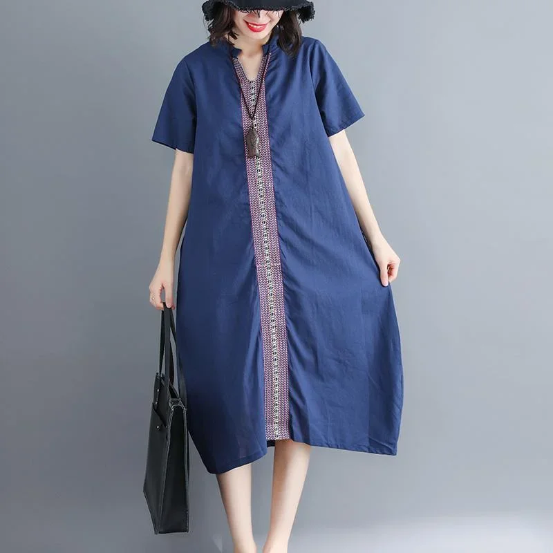 women navy cotton linen dress trendy plus size v neck pockets caftans Fine short sleeve embroideried fabric dresses