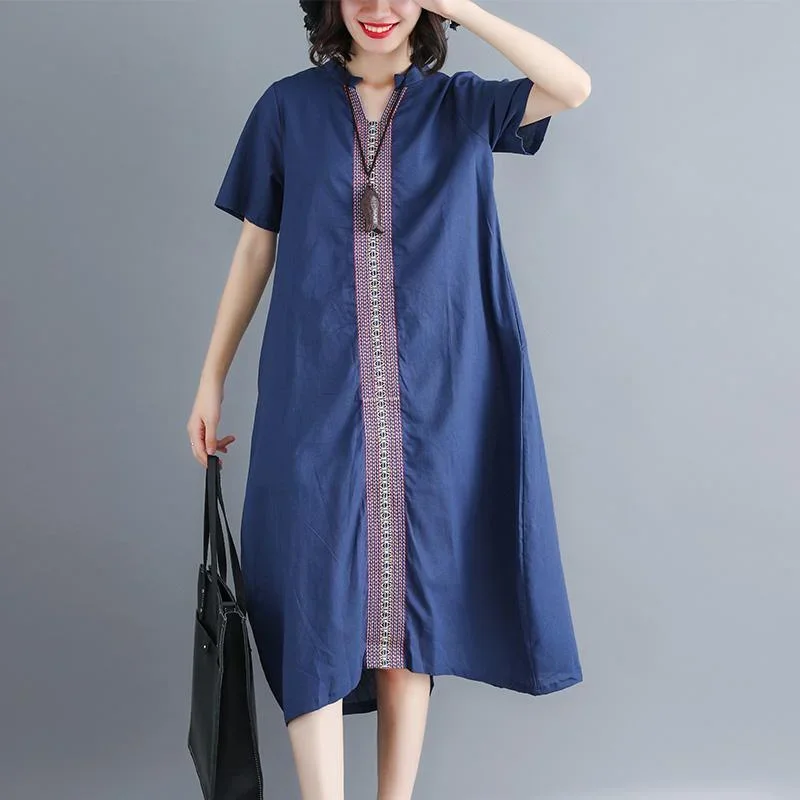 women-navy-cotton-linen-dress-trendy-plus-size-v-neck-pockets-caftans-fine-short-sleeve-embroideried-fabric-dresses