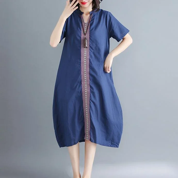 women-navy-cotton-linen-dress-trendy-plus-size-v-neck-pockets-caftans-fine-short-sleeve-embroideried-fabric-dresses