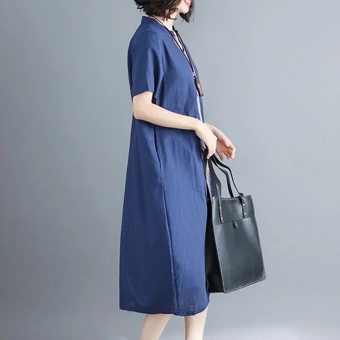 women-navy-cotton-linen-dress-trendy-plus-size-v-neck-pockets-caftans-fine-short-sleeve-embroideried-fabric-dresses