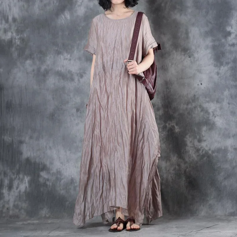 Women Nude Gray Linen Dress Plus Size Clothing Side Open Gown Casual Short Sleeve Gown