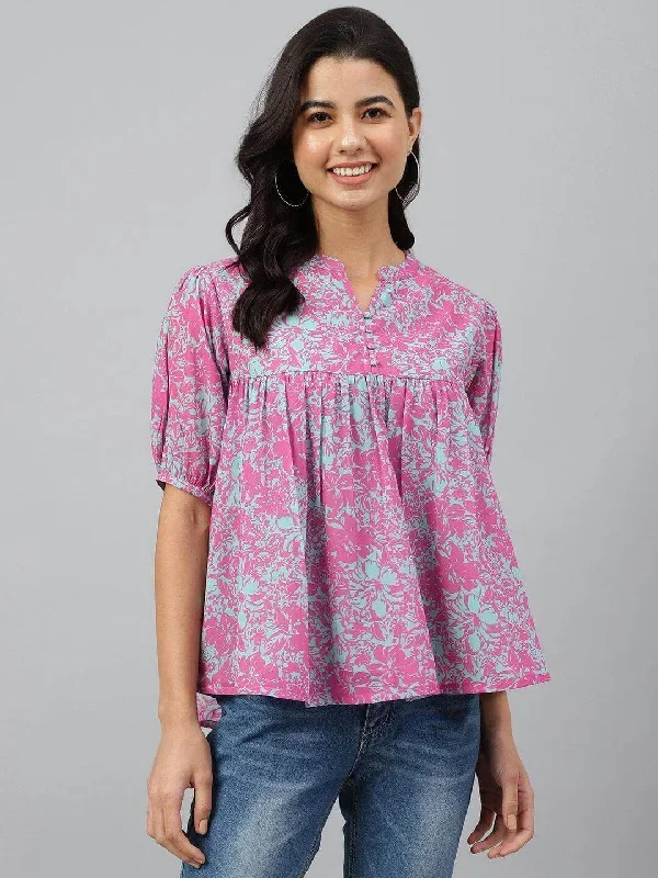 Women's-Pink-Georgette-Digital-Print-Flared-Top