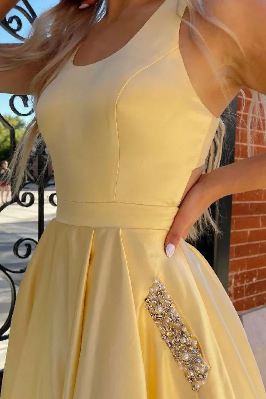 yellow-round-neck-cutout-back-a-line-formal-dress-with-rhinestones